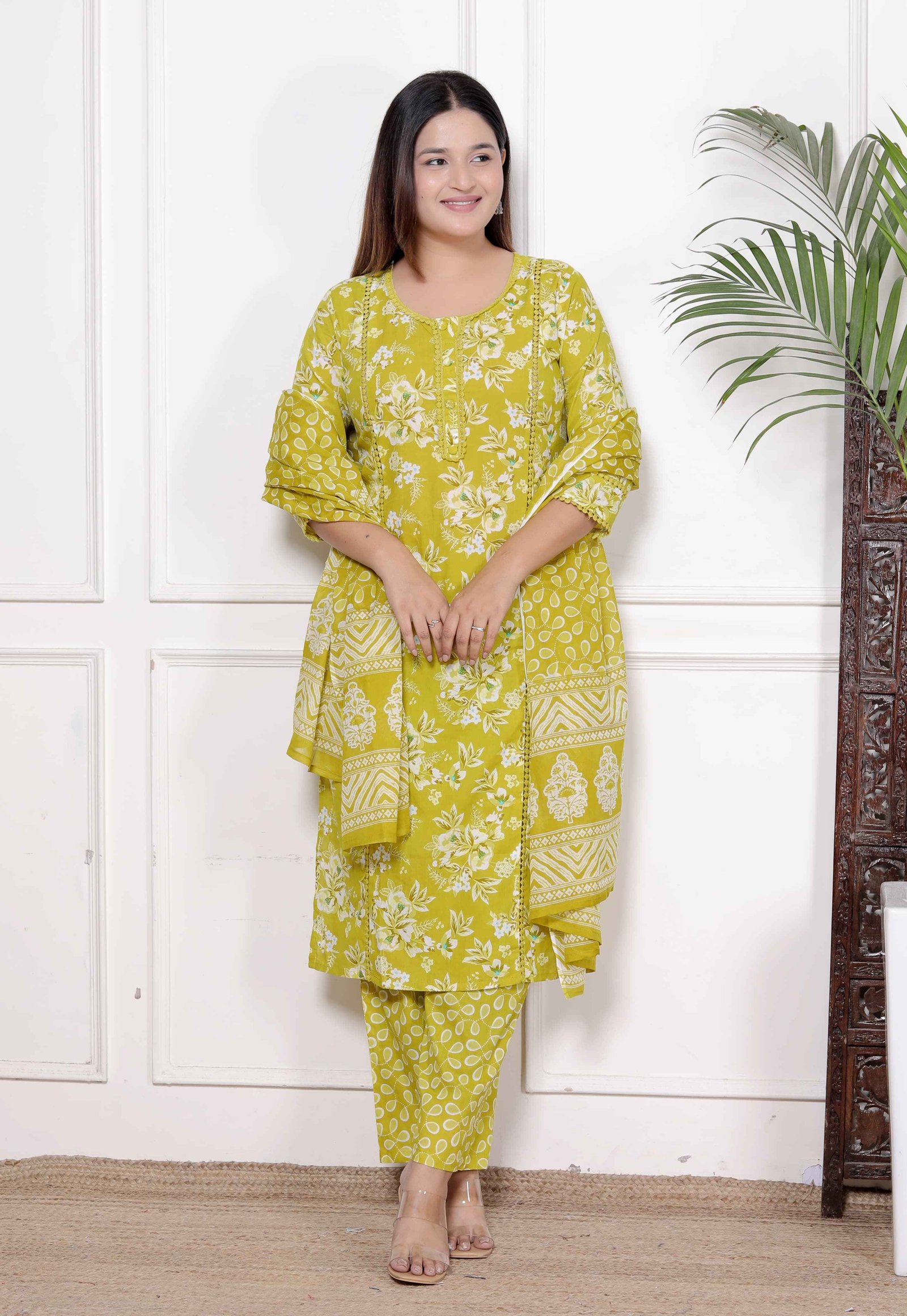 “Breathe Easy in Bloom: Lime Green Floral Printed Cotton Suit Set”